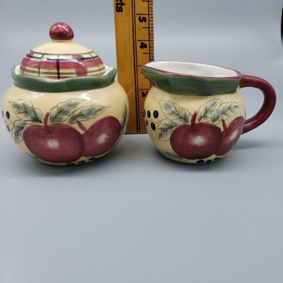 Lynns Earthware Creamer Sugar w/ lid Apple Set - Picture 1 of 5